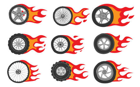 Flame wheels. Doodle car motorcycle and bicycle tires with dynamic fire.のイラスト素材