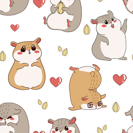 Hamster pattern. Cartoon seamless texture with funny fluffy pet. Home happy animal print for kids wallpaper. Rodent character with kawaii emotion expressions. Vector chipmunk backgroundのイラスト素材
