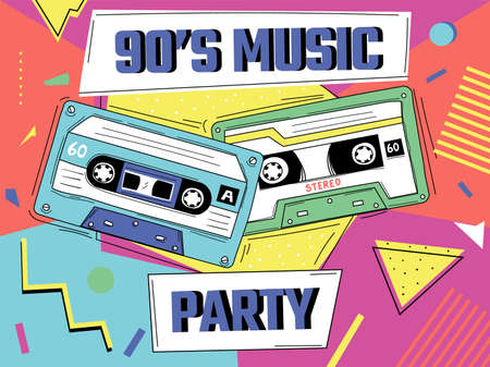 Retro music background. 90s graphic banner with vintage audio cassette. Pop disco party poster. 80s...