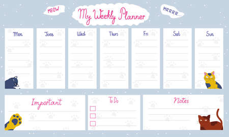 Cute to do list. Paper agenda page with decoration and weekly planner. Memo template. Reminder and organizer design with funny cats. Scrapbook and school journal. Vector diary sheets setのイラスト素材