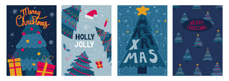 Christmas tree posters. Holiday party invitation and greeting card with doodle drawing of New Year fir. Decorated spruce and presents. Festive banners. Vector Merry Xmas postcards setのイラスト素材