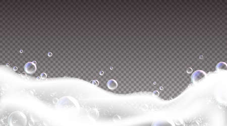 Shampoo foam border. Realistic soap bubbles on transparent background. Bathtub and laundry soapy water creamy texture. Washing suds. Soft spume waves. Vector detergent froth frame templateのイラスト素材