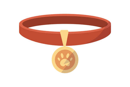 Collar with medal for cats and dogs. Cartoon pets red necklace and golden tag. Isolated kittens or puppies accessory. Metal badge with animal footprint. Vector canine belt templateのイラスト素材