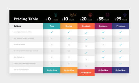 Comparison table. Business plan pricing grid and chart. Web banner of comparing prices and cost of services. Features checklist. Promotion infographic mockup. Vector product spreadsheetのイラスト素材