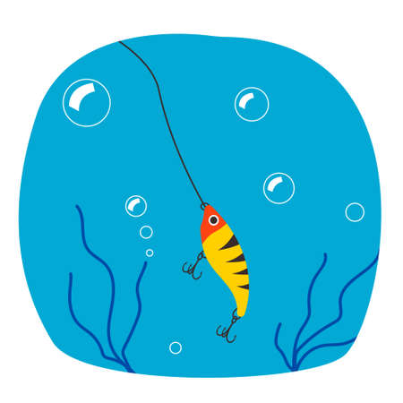 Fishing lure underwater. Fish catching bait in river lake and sea. Rod decoy of artificial marine animal shape with fishhooks. Fisherman tackle. Undersea panorama. Vector angling toolsのイラスト素材