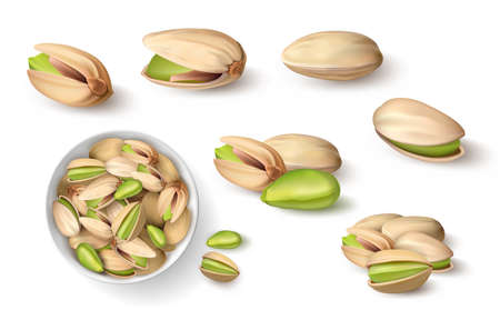 Realistic pistachio. 3D roasted nut in shell. Closeup mockup for package design or healthy food advertising. Vegetarian healthy snack. Organic plant unshelled seed. Vector pistaches setのイラスト素材