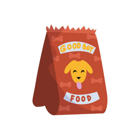Cartoon package with dog food. Domestic animal feed. Isolated bag with puppy meal. Veterinary shop merchandise. Doggy nutrition packet. Pet grooming. Vector canine snack packaging mockupのイラスト素材