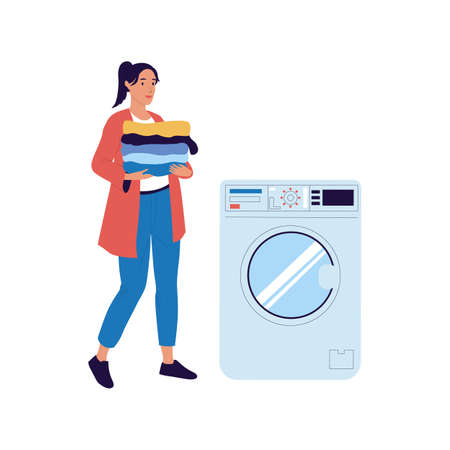 Woman carries things to washing machine. Female holding clean garment stack. Laundry equipment. Housewife loading clothes in washer. Electric household appliance. Vector housekeepingのイラスト素材