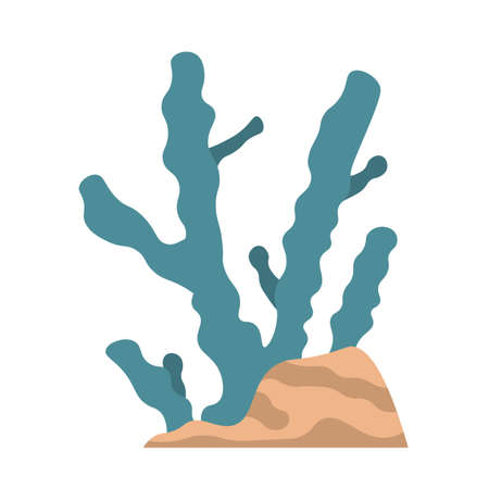 Cartoon algae. Doodle sea green plant grows in sand. Aquarium marine botanical decoration element. Seaweed greenery. Undersea natural laminaria. Underwater flora. Vector aquatic kelpのイラスト素材