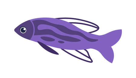 Cartoon fish. Doodle ocean cute animal. Violet marine swimming creature. Isolated aquarium element template. Aquatic pet with purple scales and fins. Vector underwater exotic faunaのイラスト素材