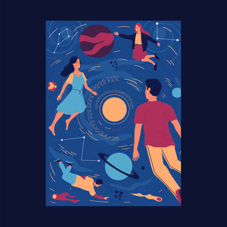 People floating in space. Freedom concept. Cartoon men and women flying in outer cosmos. Planets of solar system and constellations. Persons exploring galaxy. Vector universe discoveryのイラスト素材