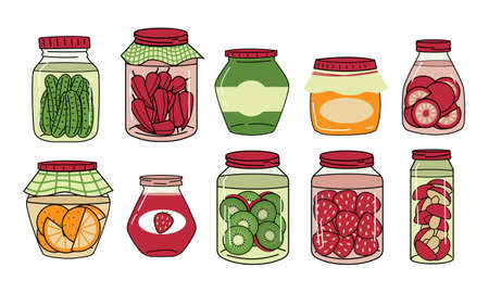 Preserve food. Glass jar with sweet marmalade or honey. Berry and fruit jam. Preservation products. Cans for pickled vegetables or mushrooms. Grocery conserve containers. Vector meal setのイラスト素材