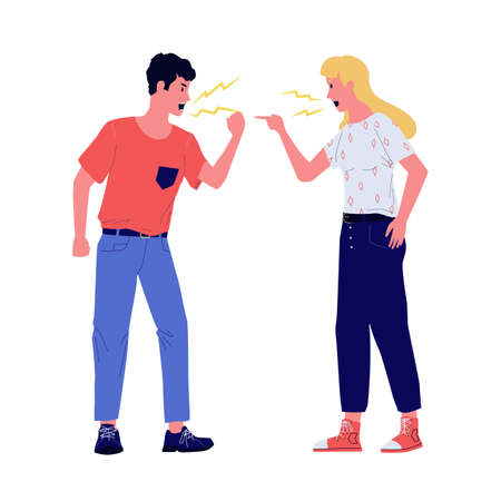 Young boy and girl scream at each other. People quarreling. Family conflict. Emotional discussion with shouts and aggressive gestures. Angry couple swearing. Vector abusive disputeのイラスト素材