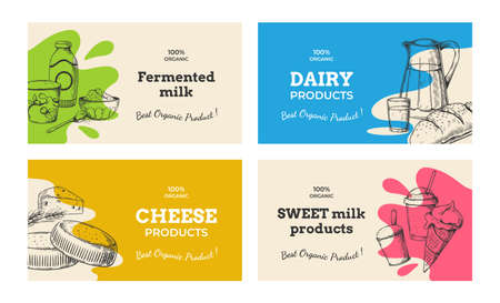 Dairy food poster. Hand drawn milk products label. Organic meal package design with engraving sketch of butter cheese and sweet yogurt. Fresh milky nutrition. Vector square stickers setのイラスト素材