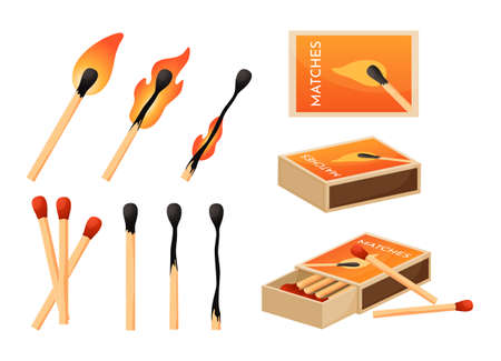 Cartoon flaming matches. Wooden matchstick with burning head. Danger of ignition. Cardboard matchbox with sulfur abrasive edge. Risk of fire. Vector ignited or burnt wood sticks setのイラスト素材
