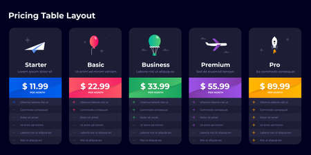Price comparison. Spreadsheet compare chart layout. Subscription plan with features checklist. Product compare table. Service tariffs black infographic. Vector business pricing gridのイラスト素材