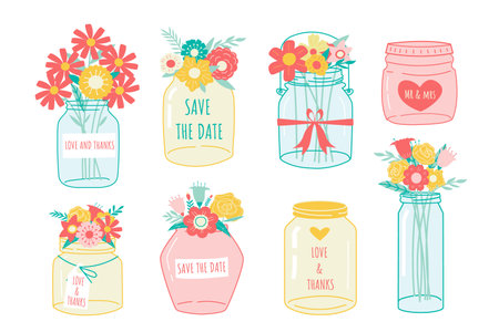 Jar with flower. Hand drawn wedding mason vase with blossom. Romantic floral decorative elements set for marriage greeting card or invitation. Vector glass pot for summer blooming plantsのイラスト素材