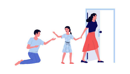 Mother leaves family and takes child. Parents conflict and divorce. People disagreement. Crying daughter. Mom and dad quarrel. Couple separation. Vector woman with girl gets away from homeのイラスト素材