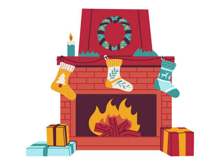 Christmas fireplace. Cartoon New Year celebration hearth with decorated chimney. Doodle home interior with Merry Xmas stocking for presents. Traditional holiday gifts. Vector illustrationのイラスト素材