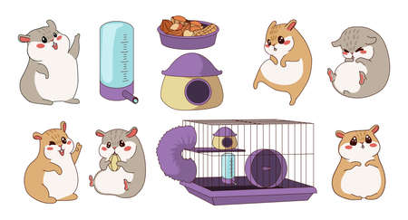 Hamster character. Cartoon curious pet with cage and wheel. Feeder or drinker. Domestic rodent poses and expressions. Funny home animal. Care accessory. Vector isolated little chipmunks setのイラスト素材