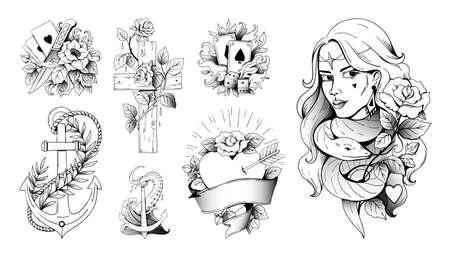 Old school tattoo. Vintage traditional body prints with rose and anchor. Playing cards and knife tattooing. Serpent or hearts sketches. Vector retro black cartoon classic drawing setのイラスト素材