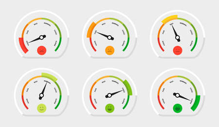 Rating meter UI. Speedometer and tachometer gauge diagram with arrow. Mood measuring device...