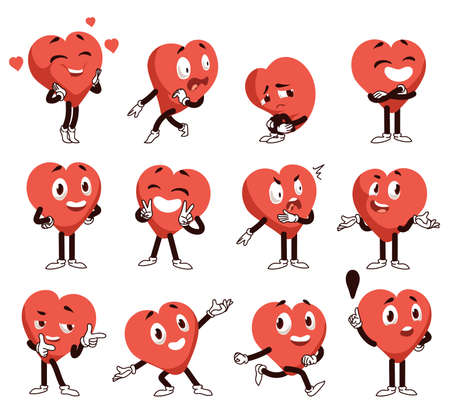 Cartoon heart character. Cute red shape with clipart hands and legs. Love or romance mascots poses and expressions. Geometric simple happy hear. Emoticons collection. Vector emoji setのイラスト素材