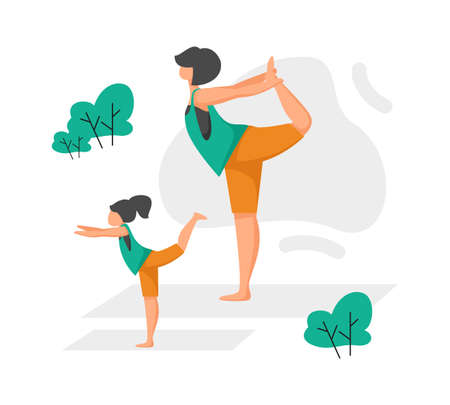 Mom and daughter doing yoga in park. Woman and girl training together outdoor. Parent with child standing in asana. Family practicing balancing stretching exercises. Vector workoutのイラスト素材