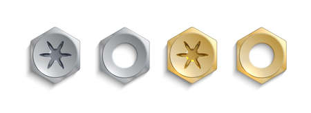 Stainless steel bolt heads. Realistic metal screws with nuts. 3D hardware templates. Construction fastening. Repair or building tools. Metallic rivets. Vector mechanical fasteners setのイラスト素材