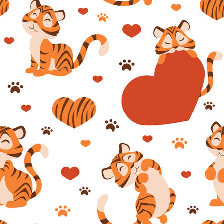 Tiger pattern. Seamless stripped wild animal texture for greeting cards, wallpaper and wrapping paper. Paw footprints and hearts. 2022 year cat character. Vector funny kitten mascot printのイラスト素材