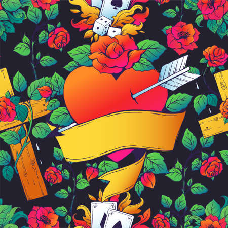Tattoo pattern. Seamless art with retro classic body prints. Roses and knife. Heart with ribbon and arrow. Playing cards and dices. Floral graphic elements. Vector vintage tattoo textureのイラスト素材