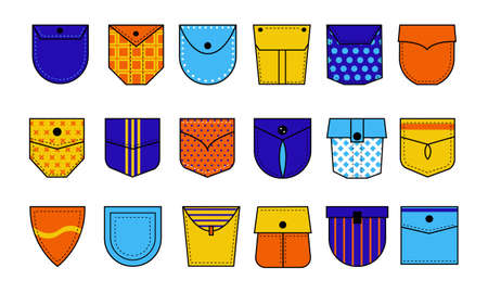 Cartoon pockets. Doodle denim or cotton pouches for shirts and pants. Patches with seams and buttons for casual garment. Stitched cloth pieces. Vector decorative tailors elements setのイラスト素材