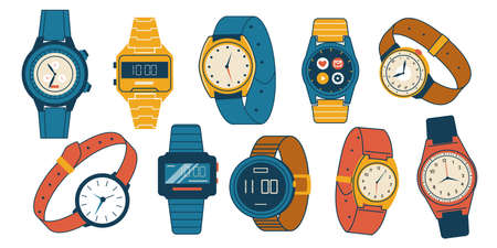 Mens and womens wristwatch. Doodle analog and digital watches. Isolated smartwatches with colorful straps. Fashion time measure accessory collection. Hand clocks. Vector timepieces setのイラスト素材