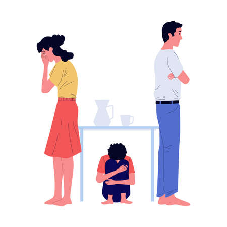 Mother and father quarreled. Offended kid under table. Family conflict. Unhappy persons disregard each other. People argue with boy. Disagreement or divorce. Vector crisis relationshipのイラスト素材