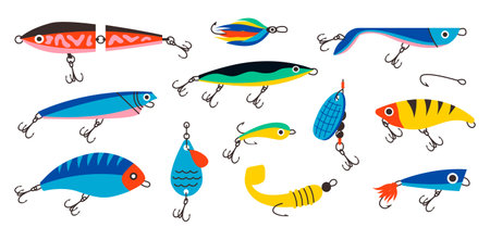 Fishing bait. Abstract contemporary fishery lures and wobblers. Spoons and twisters of artificial colorful fish shapes with hooks. Fisher accessories. Vector fisherman equipment setのイラスト素材