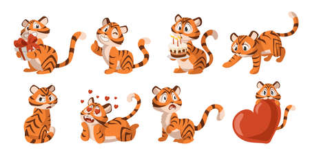 Cute tiger. Cartoon adorable kitten mascot. Happy striped wild animal for kids illustration. 2022 year or Valentine holidays symbol. Cat with gifts and birthday cake. Vector kitties setのイラスト素材