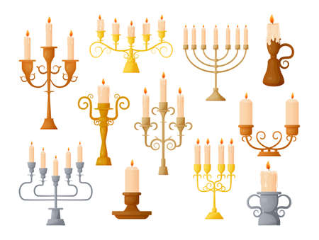 Cartoon candlestick. Vintage wax candle holder with burning and extinct candlelight. Retro medieval candelabrum. Isolated lighting ornate lamps. Vector ancient interior decorations setのイラスト素材