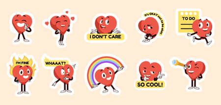 Heart stickers. Valentine emoji characters with funny emotions, hands and legs. Romantic badges collection. Smiling love mascots poses and expressions. Vector kawaii amour emoticons setのイラスト素材