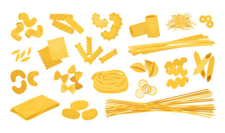 Doodle spaghetti. Cartoon Italian wheat pasta food. Macaroni types. Isolated farfalle and rotini. Tagliatelle or cavatappi. Cooking ingredients. Dry fusilli and penne. Vector meal setのイラスト素材
