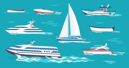 Sea ships. Passenger transport. Floating sailboat and trawler on water. Motorboat for seafood transportation. Boats for river and lake sailing. Marine powerboat. Vector watercraft setのイラスト素材