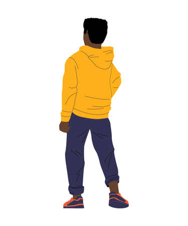 Cartoon black boy standing with his back. Behind view of African man in casual clothing. Young character wears bright hoodie. Vector isolated teenager looking forward in relaxing poseのイラスト素材
