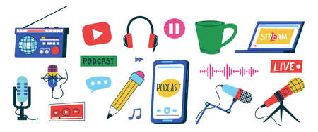 Podcast doodle graphic. Abstract minimalistic icons of microphone recording voice. Radio and music broadcasting collection. Headphones and online player. Vector streaming symbols setのイラスト素材