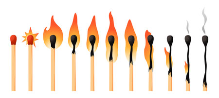 Burning match animation kit. Wood whole matchstick with sulfur head flaming stages from ignition to extinction. Sequence steps of combustion. Vector cartoon household wooden stick setのイラスト素材
