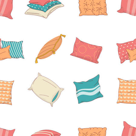 Cartoon pillow pattern. Seamless print with home interior decoration textile elements, sleeping pillows and sofa cushions. Bedroom or living room decoration. Vector pillow textureのイラスト素材