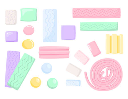 Chewing gum. Cartoon round mint candies and bubblegum pad. Candy balls and sticks. Fresh breathing tasty dragee and pillows. Menthol gumball. Vector peppermint dental chewy sweets setのイラスト素材