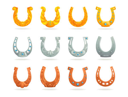 Cartoon horseshoe. Golden silver copper horse shoe. Decorated lucky symbols with ornaments and gemstones. Isolated blacksmith elements. Fortune talisman collection. Vector curve shapes setのイラスト素材