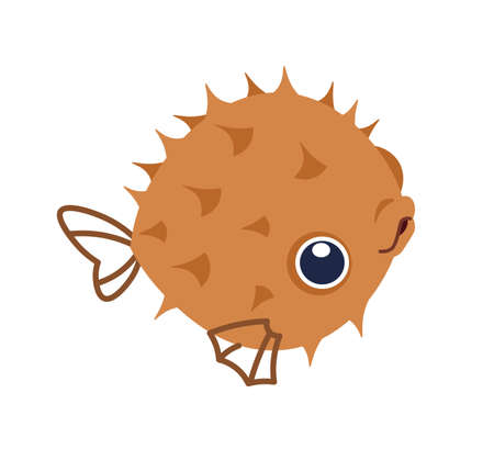 Cartoon puffer fish. Ocean animal. Underwater cute creature. Sea fauna. Dangerous poisonous fugu. Isolated aquatic swimming diodon with needles and fins. Vector undersea nature elementのイラスト素材