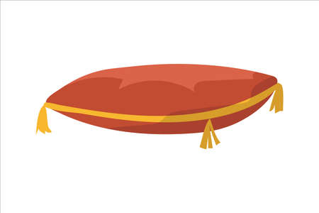 Cartoon red pillow for home pets. Cozy cushion with tassels. Feline and canine furniture for sleeping or relaxing. Domestic animals supplies. Cats and dogs bedding. Vector vet accessoryのイラスト素材