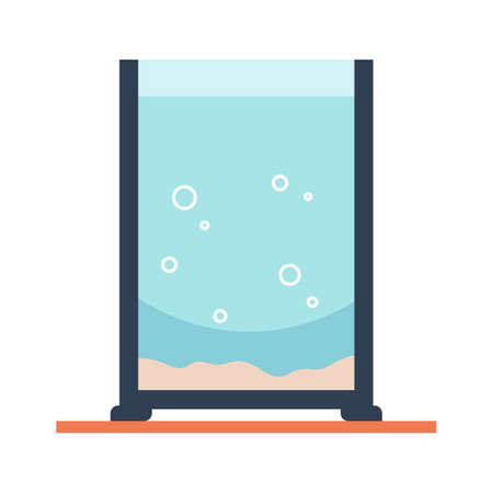 Cartoon water tank. Empty aquarium on table with air bubbles and sand. Square clear fishbowl. Interior furniture for aquatic swimming pets. Vector blank glass cube full of freshwaterのイラスト素材