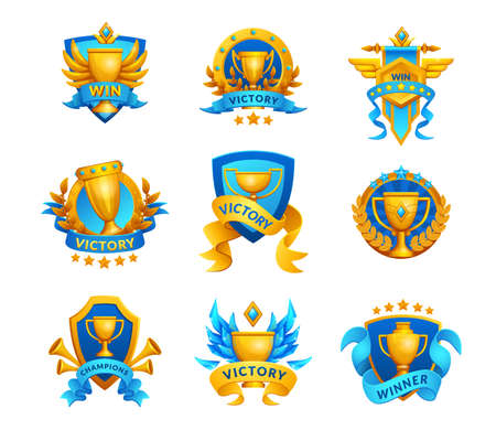 Champ emblem. Golden cup trophy badge. Sport competition or first place special achievement prize. Championship winning signs with gold rewards and ribbons. Vector victory award logo setのイラスト素材